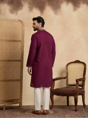 Men's purple silk blend embroidered solid kurta – stylish festive ethnic wear 4