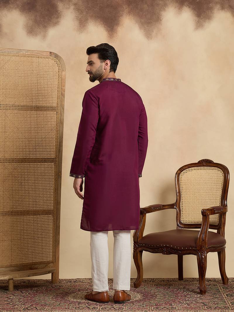 Men's purple silk blend embroidered solid kurta – stylish festive ethnic wear