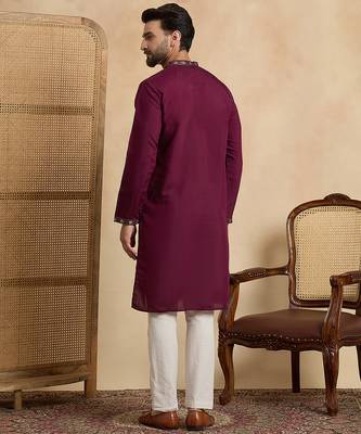 Men's purple silk blend embroidered solid kurta – stylish festive ethnic wear 4