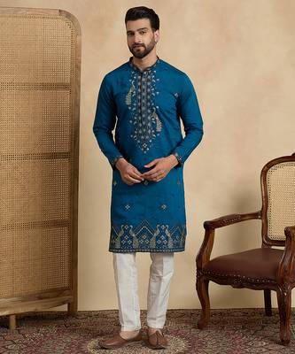 Men's blue silk blend embroidered solid kurta – stylish festive ethnic wear 5