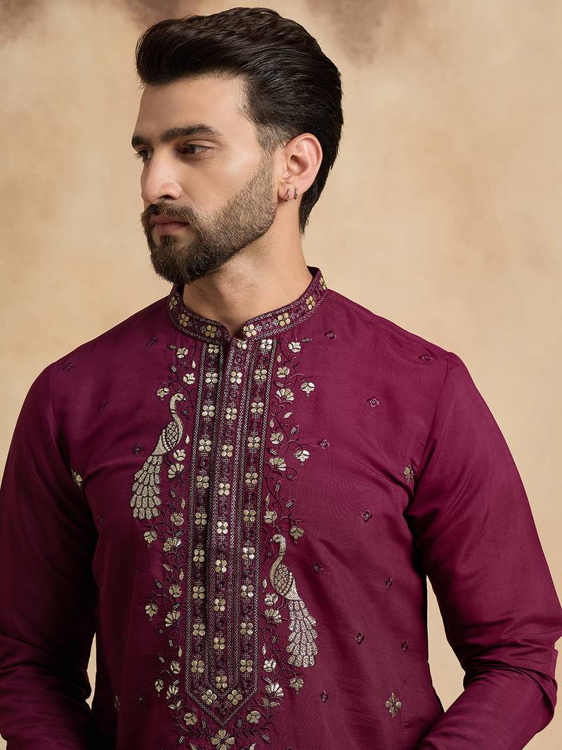 Men's purple silk blend embroidered solid kurta – stylish festive ethnic wear