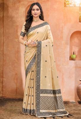 beige with black silk blend woven work traditional saree 1