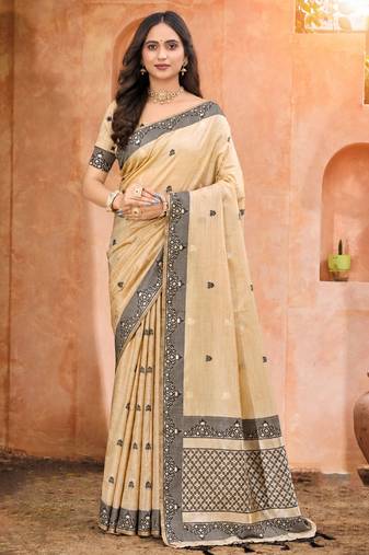 beige with black silk blend woven work traditional saree