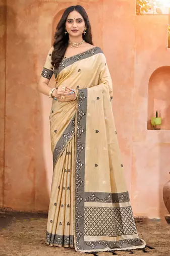 beige with black silk blend woven work traditional saree