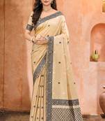 beige with black silk blend woven work traditional saree