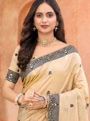 beige with black silk blend woven work traditional saree 2