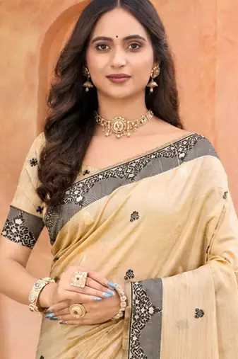 beige with black silk blend woven work traditional saree
