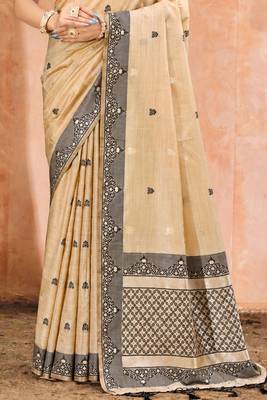 beige with black silk blend woven work traditional saree 3