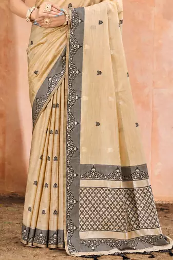 beige with black silk blend woven work traditional saree