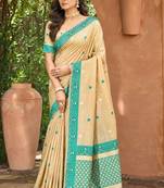 beige with teal blue silk blend woven work traditional saree