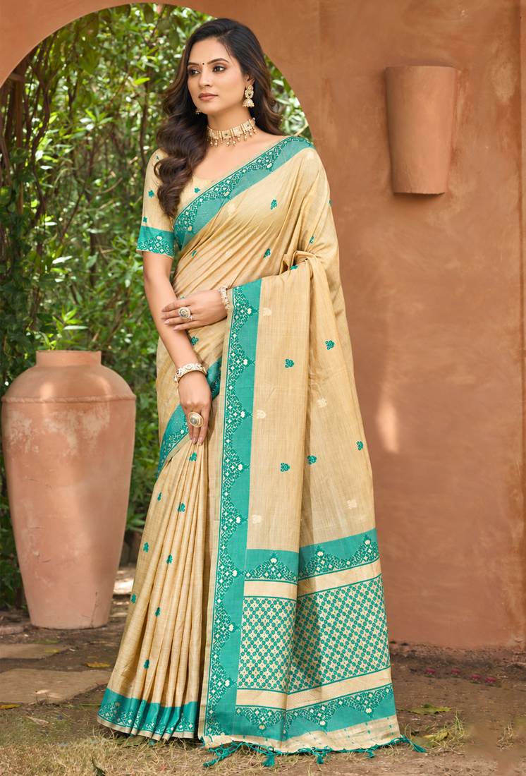beige with teal blue silk blend woven work traditional saree