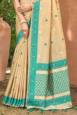 beige with teal blue silk blend woven work traditional saree 3