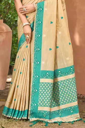 beige with teal blue silk blend woven work traditional saree