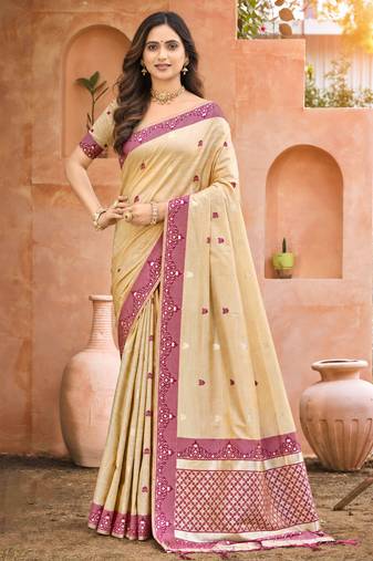 beige with wine silk blend woven work traditional saree