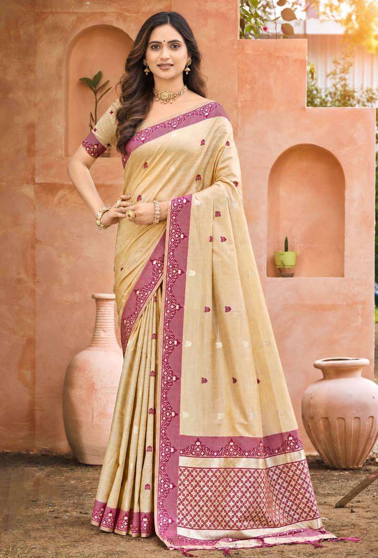 beige with wine silk blend woven work traditional saree