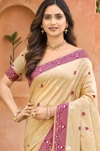beige with wine silk blend woven work traditional saree
