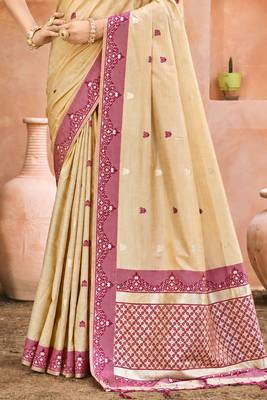 beige with wine silk blend woven work traditional saree 3