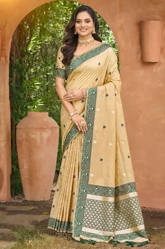 beige with dark green silk blend woven work traditional saree