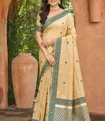 beige with dark green silk blend woven work traditional saree