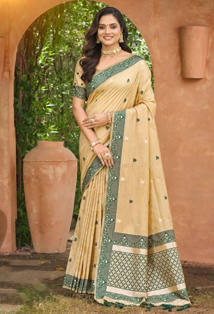 beige with dark green silk blend woven work traditional saree