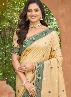 beige with dark green silk blend woven work traditional saree 2
