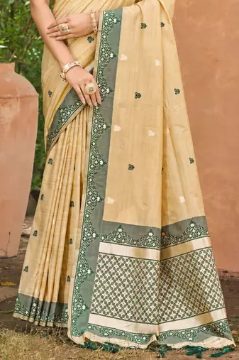 beige with dark green silk blend woven work traditional saree