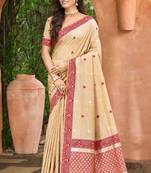 beige with maroon silk blend woven work traditional saree