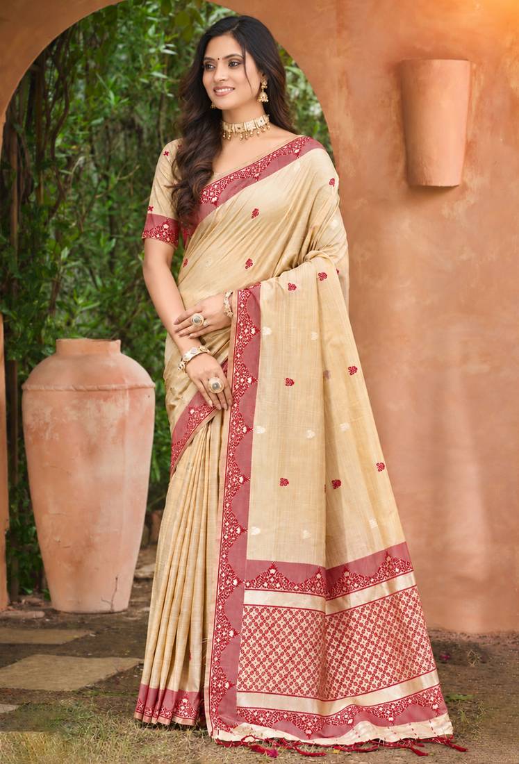 beige with maroon silk blend woven work traditional saree