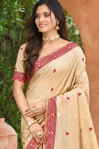 beige with maroon silk blend woven work traditional saree