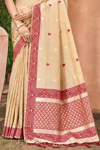 beige with maroon silk blend woven work traditional saree