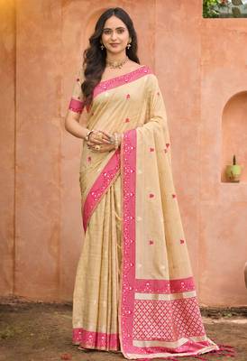 beige with rani pink silk blend woven work traditional saree 1