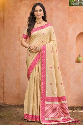 beige with rani pink silk blend woven work traditional saree