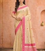 beige with rani pink silk blend woven work traditional saree