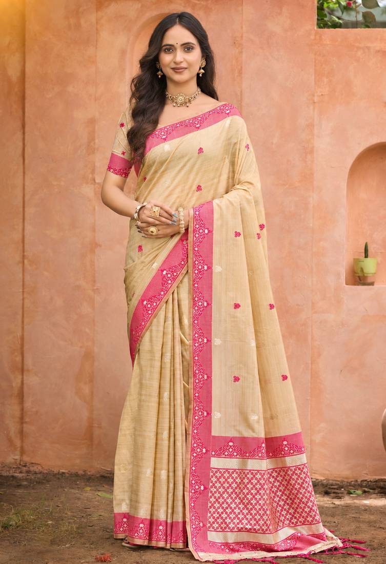 beige with rani pink silk blend woven work traditional saree