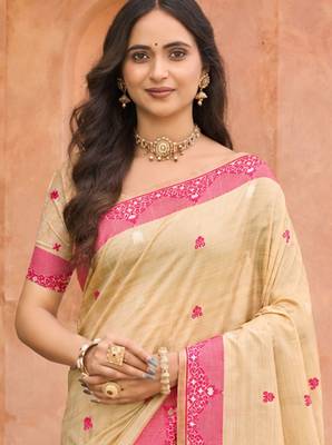 beige with rani pink silk blend woven work traditional saree 2