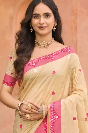 beige with rani pink silk blend woven work traditional saree