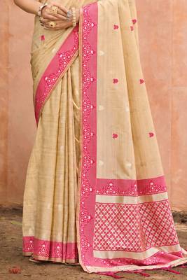 beige with rani pink silk blend woven work traditional saree 3