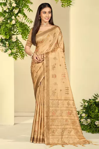 beige silk blend woven work traditional saree