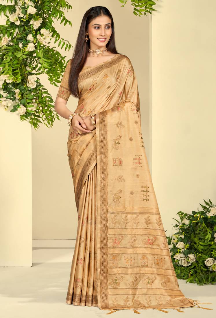 beige silk blend woven work traditional saree