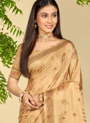 beige silk blend woven work traditional saree 2