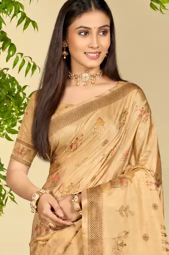 beige silk blend woven work traditional saree