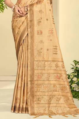 beige silk blend woven work traditional saree 3