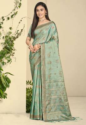 sea green silk blend woven work traditional saree 1