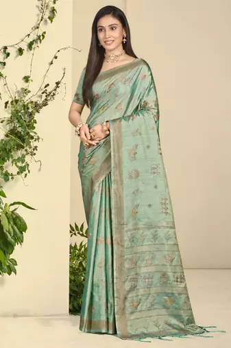 sea green silk blend woven work traditional saree