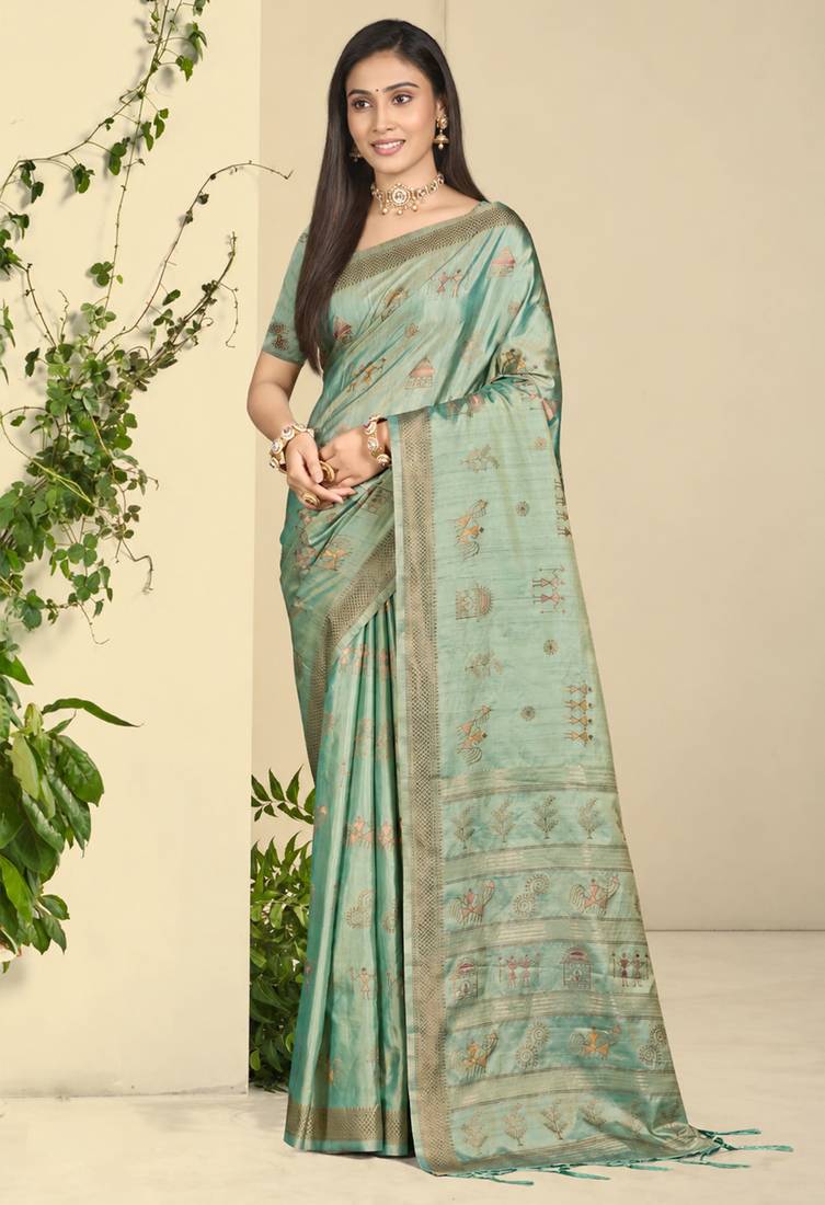 sea green silk blend woven work traditional saree