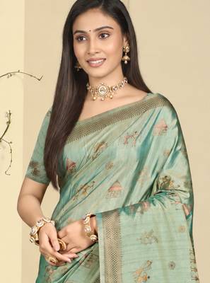 sea green silk blend woven work traditional saree 2