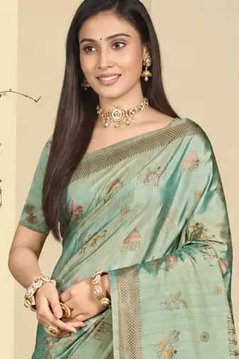 sea green silk blend woven work traditional saree