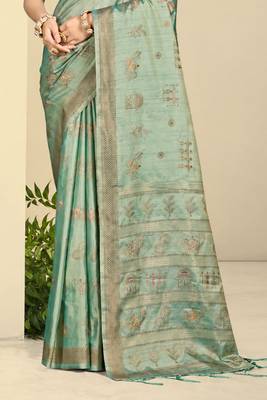 sea green silk blend woven work traditional saree 3