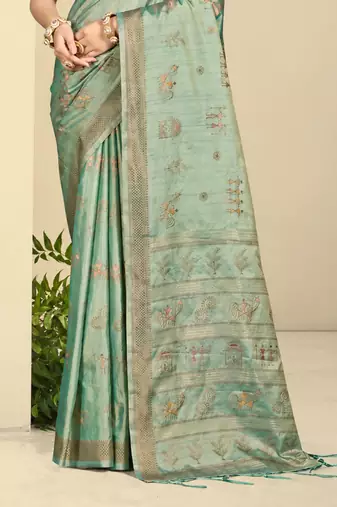 sea green silk blend woven work traditional saree