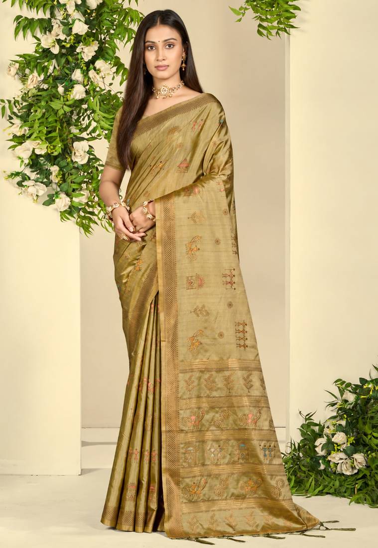 olive green silk blend woven work traditional saree